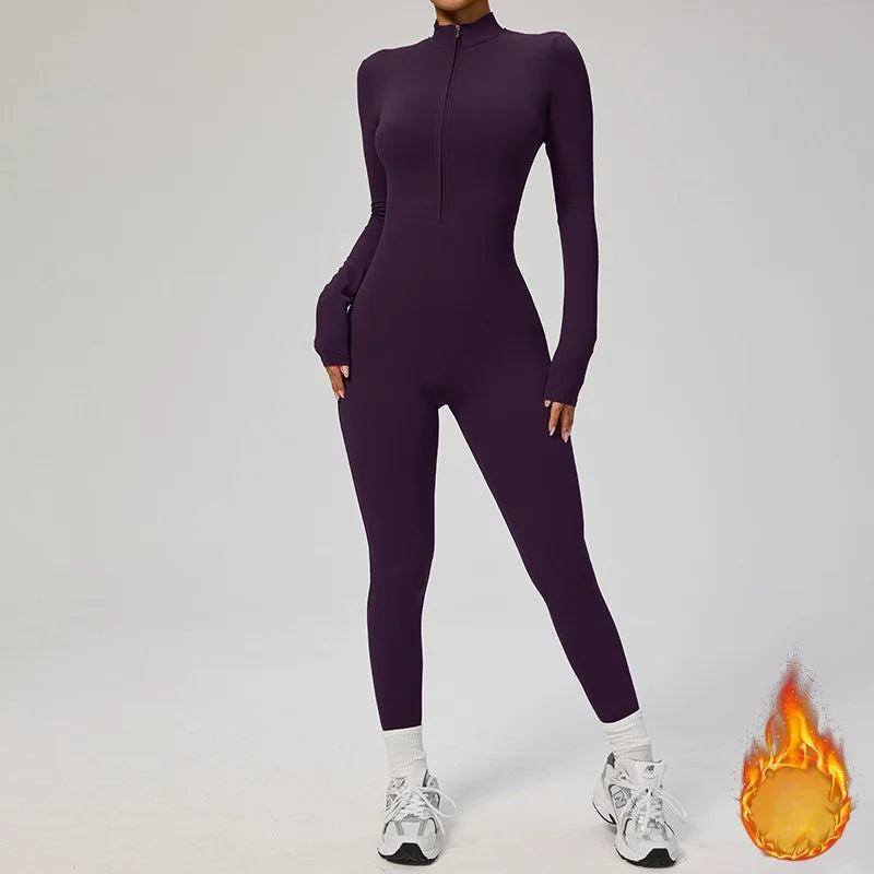 Warm Thin Fleece Jumpsuits Women's Tracksuit Winter Autumn One-Piece Sports Suit Fitness Long Sleeves Workout Bodysuit