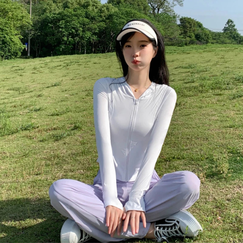 New Summer Nylon Ice Coats For Women Girls Solid Cool Yoga Jacket Sunscreen Suit Clothes UV Resistant Hooded Shawl Clothing